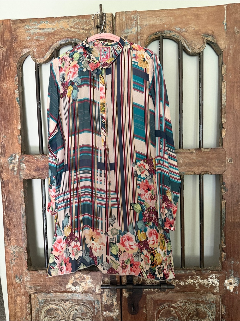 Johnny Was Multicolor Floral & Stripe Tunic - Teal, Cream, Pink